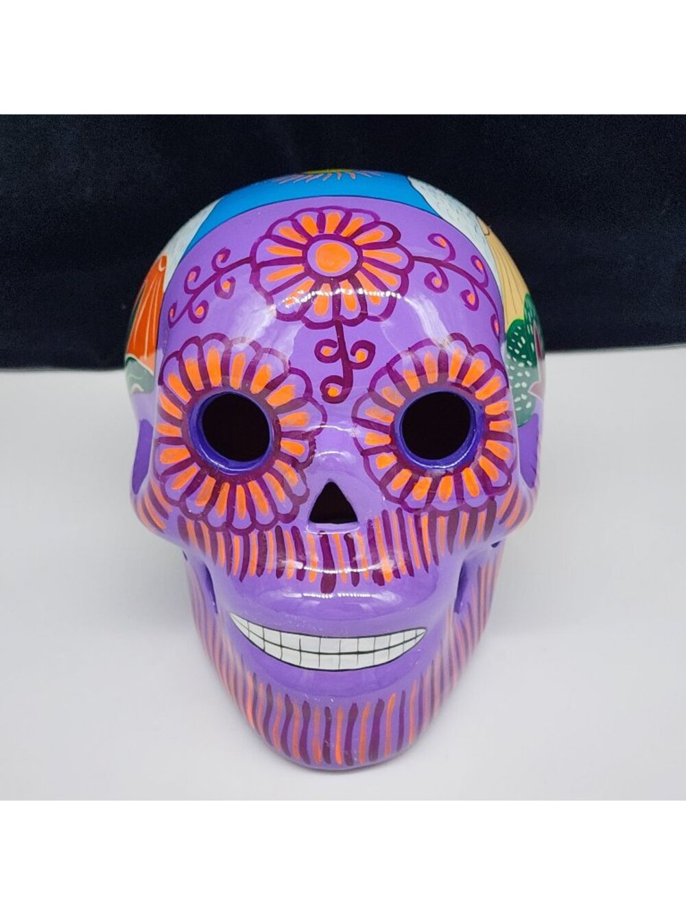 Signed Mexico Day of the Dead Skull Figure Hand Painted UV Glow 5.5" VTG
